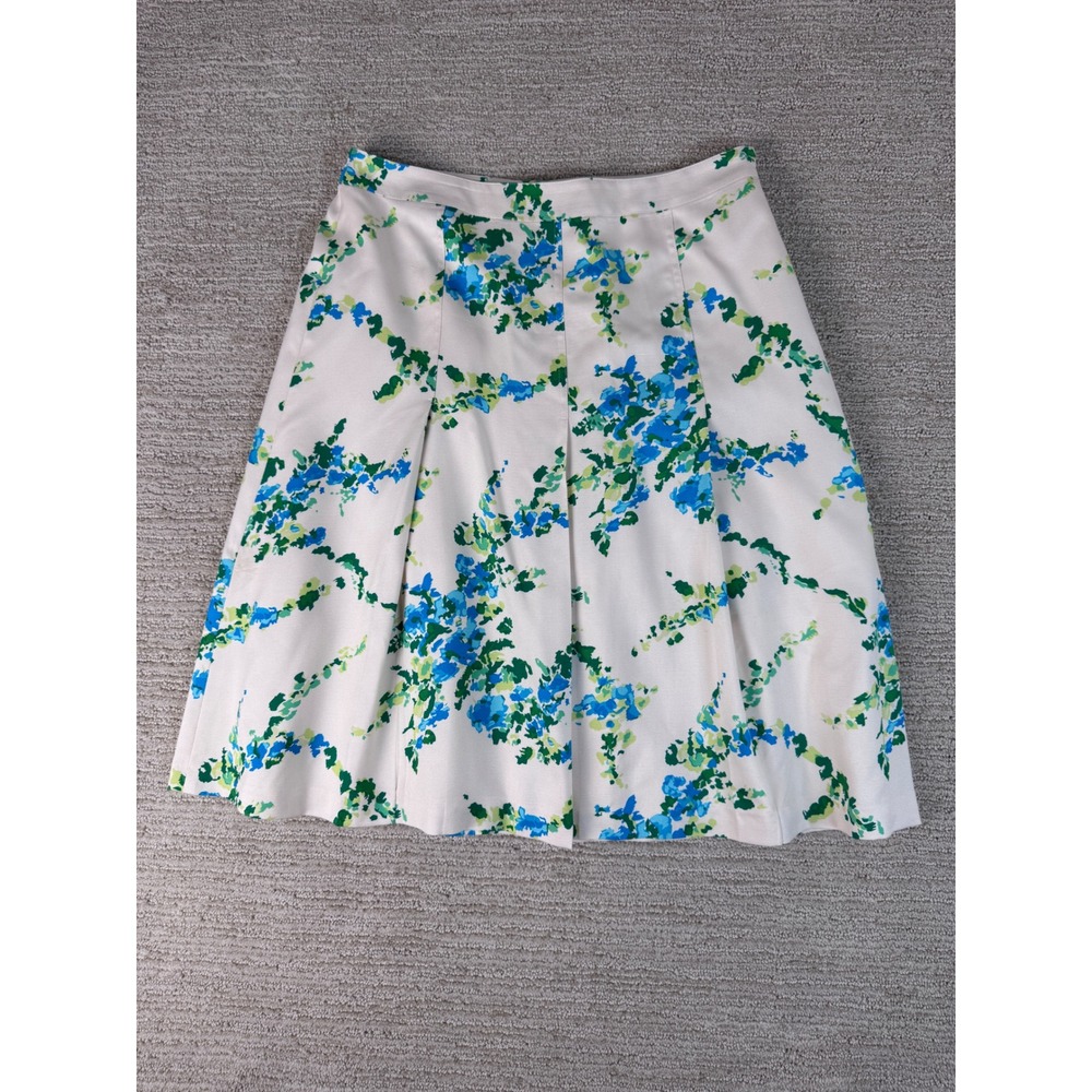 Ann Taylor 100% Silk Floral Pleated A-Line Skirt Cream Blue Green Size 6